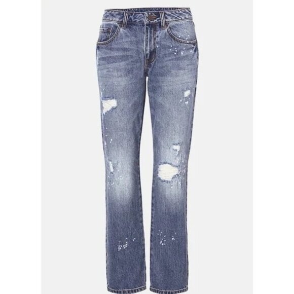 Cabi Distressed Denim Distressed Splatter Tapered leg medium wash Size 2 - Picture 1 of 11